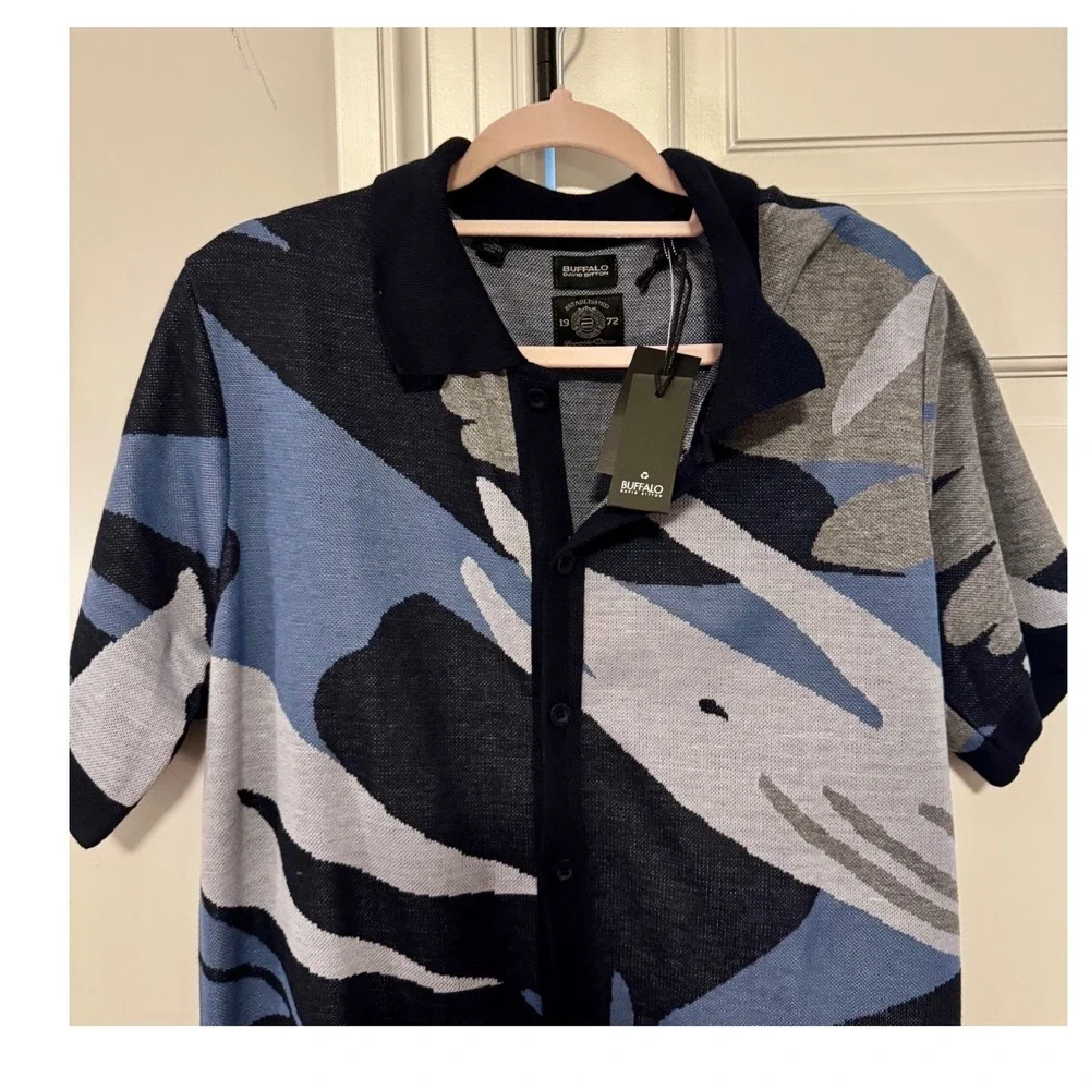 Buffalo David Bitton Knit Coastal M Navy Camo Abstract Button Front Shirt Slv‎